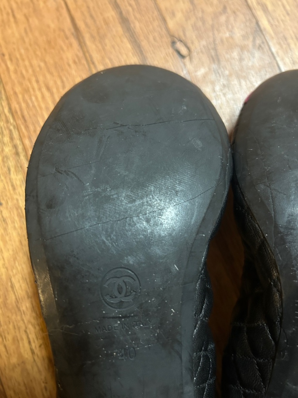 CHANEL Black Quilted Leather Ballet Flats with Hot Pink Camellia Cap - Picture 9 of 9